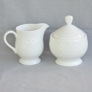 Mikasa Trellis White Creamer and Sugar Bowl Set